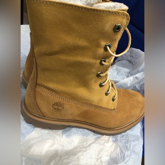 Timberland Teddy Fleece Fold-Down honey wheat suede lace up combat boots size 10 - Picture 10 of 12